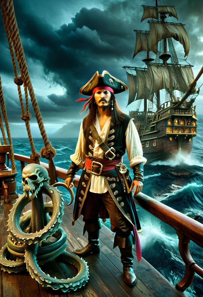 A dark fantasy style scene of a pirate on his ship battling a Kraken. The pirate, with an Asian descent and male gender, stands bravely on the ship's deck. He wields a cutlass and the ship is tattered, evidencing numerous past battles. Emerging from the turbulent sea, the monstrous Kraken unfurls its giant tentacles, reaching for the ship and the pirate. The overall ambience is ominous and foreboding, with stormy seas and dark clouds overhead.