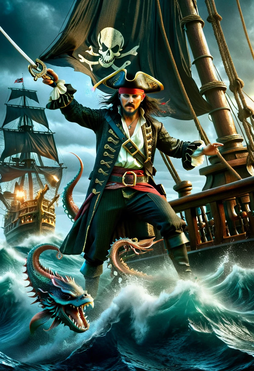 A dark fantasy style scene of a pirate on his ship battling a Kraken. The pirate, with an Asian descent and male gender, stands bravely on the ship's deck. He wields a cutlass and the ship is tattered, evidencing numerous past battles. Emerging from the turbulent sea, the monstrous Kraken unfurls its giant tentacles, reaching for the ship and the pirate. The overall ambience is ominous and foreboding, with stormy seas and dark clouds overhead.