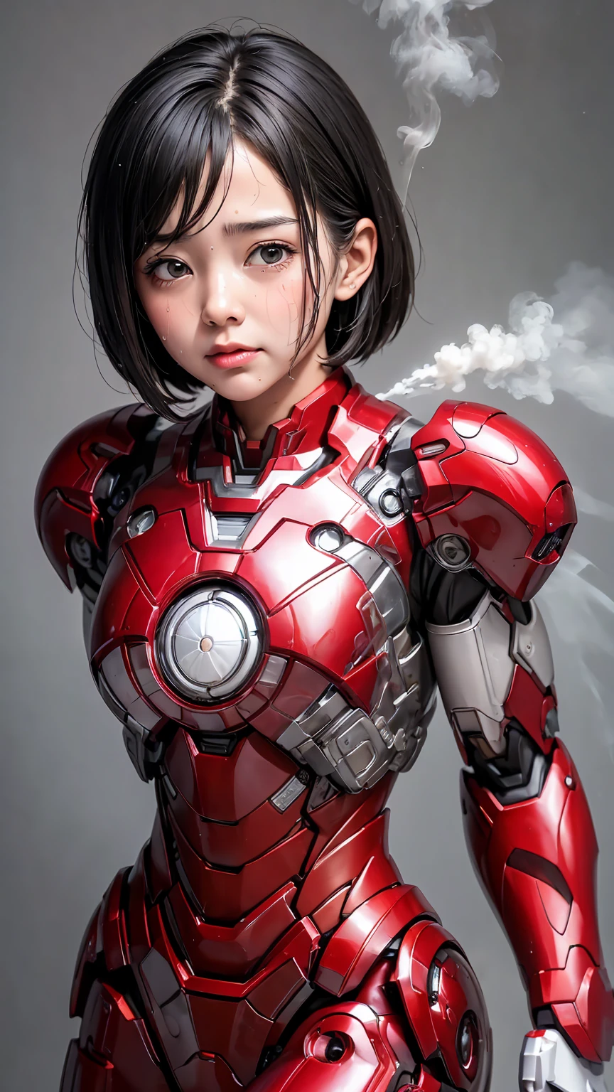 Highest quality　8k Iron Man Suit Girl　Kindergarten girl　Sweaty face　cute　short hair　boyish　Steam coming from the head　My hair is soaked with sweat　Black Hair　Full body portrait　My upper body is soaked　close your eyes　Nothing except the face is exposed　Steam from the body