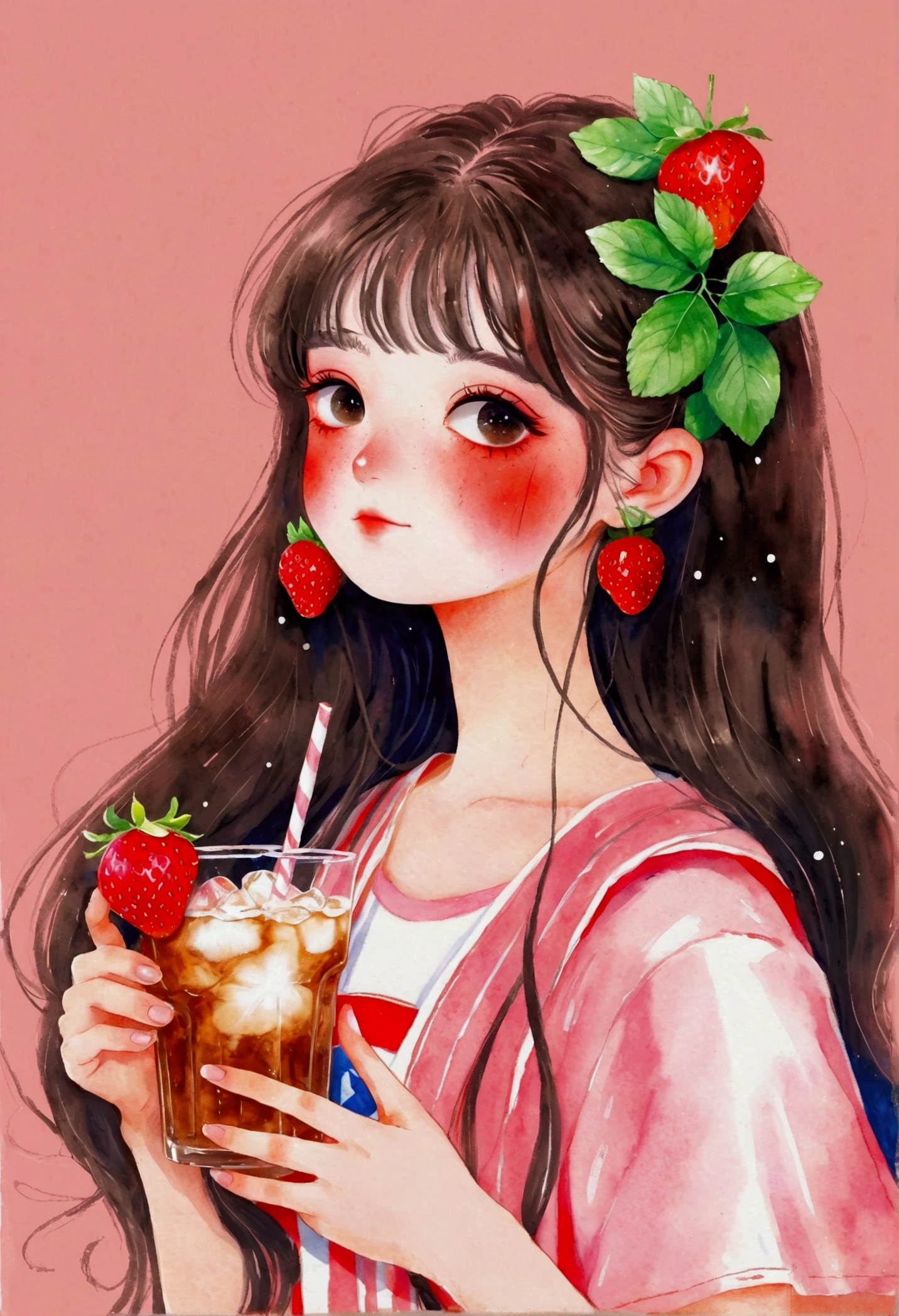 a drawing of a girl with long hair holding a drink, an anime drawing inspired by Ma Yuanyu, pixiv, realism, soda themed girl, cute art style, kawaii realistic portrait, beautiful drawing style, watercolor illustration style, drinking a strawberry iced latte, cute anime girl portrait, cute anime girl, soft anime illustration, cute detailed digital art