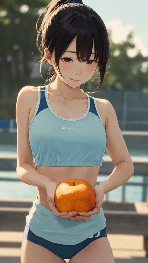Shiraishi Mei, Looks exactly like Shiraishi Mei,Athletics、Bloomers、Tank top bikini、ponytail、Diffused sunlight, Written boundary depth, Bokeh (Highest quality: 1.2), (masterpiece: 1.2), Watch Viewer, Vision、(((Panorama:1.2)))三つ編fruit、fruit。