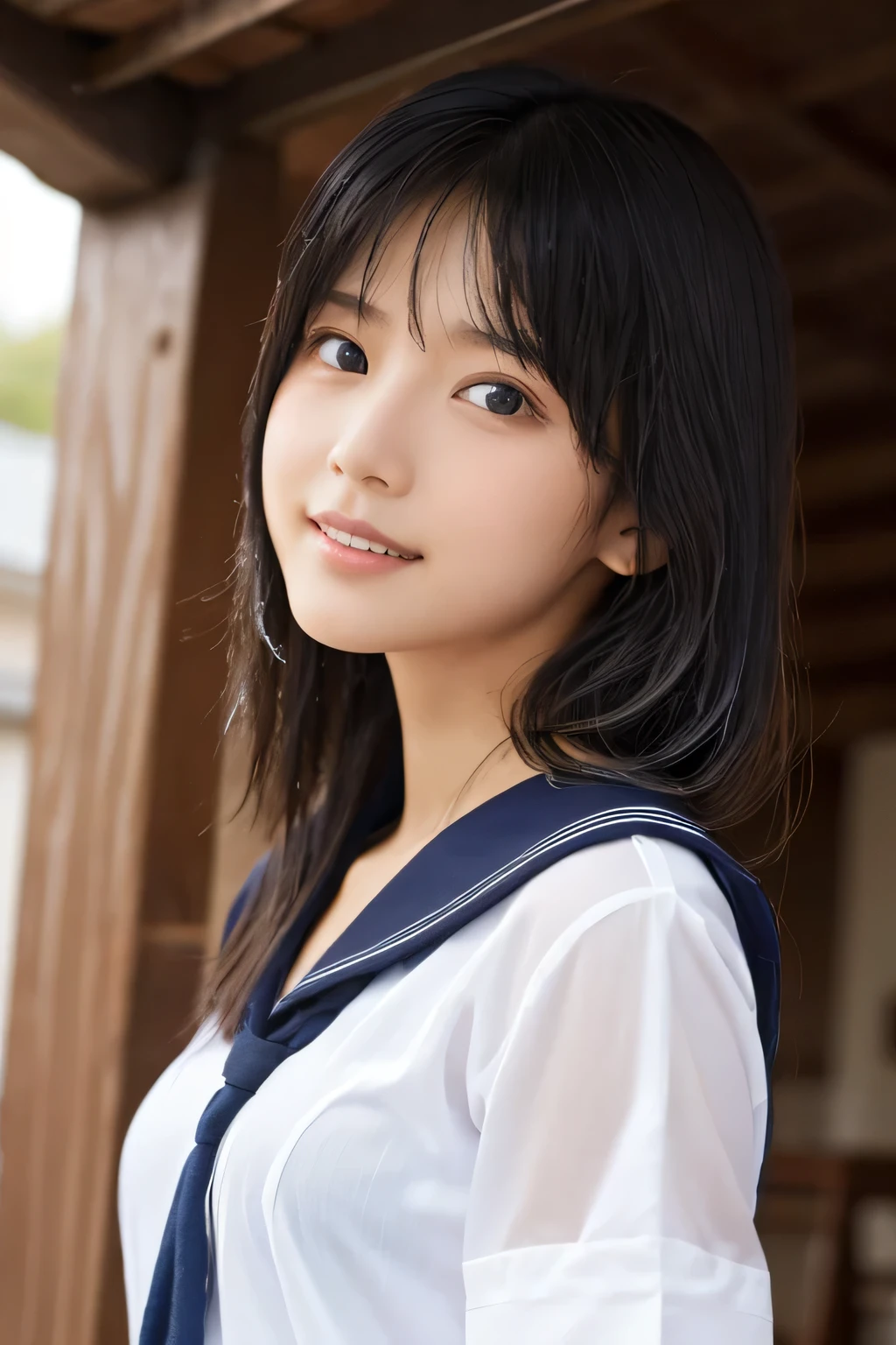 (A beautiful girl taking shelter from the rain under the eaves:1.5), , (Highest quality:1.4), (Very detailed), (Very detailed美しい顔), Sexy look, Evenly balanced eyes, (Short-sleeved sailor suit :1.3), (School uniforms:1.3), Beautiful face and eyes, iris, Medium Hair, The Beauty of Japan, School bag, (Skinny body type:1.3), (Flat Chest:1.3), (Rain-soaked skin:1.5), Smooth, Very detailed CG synthesis 8k wallpaper, High-resolution RAW color photos, Professional photography, Light, BackLight, dream-like, impressive, Written boundary depth, High School Building, (Face close-up:1.5), (Shooting from the front:1.5)