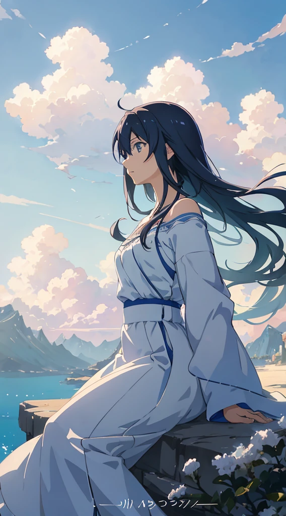Masterpiece image: A captivating photograph of a tranquil blue sky, adorned with sparse, fluffy clouds that scatter warm and inviting hues. The serene atmosphere elicits a sense of peace and contentment, making you feel as if a gentle breeze is caressing your hair. This beautiful anime backdrop evokes feelings of freedom and serenity, with vibrant colors that mirror the picturesque artwork of renowned anime creator, Makoto Shinkai. The stunning concept art showcases a meticulously detailed anime landscape, where the skies are rendered in exquisite beauty, featuring a color palette that is both soothing and breathtaking. Author: Makoto Shink