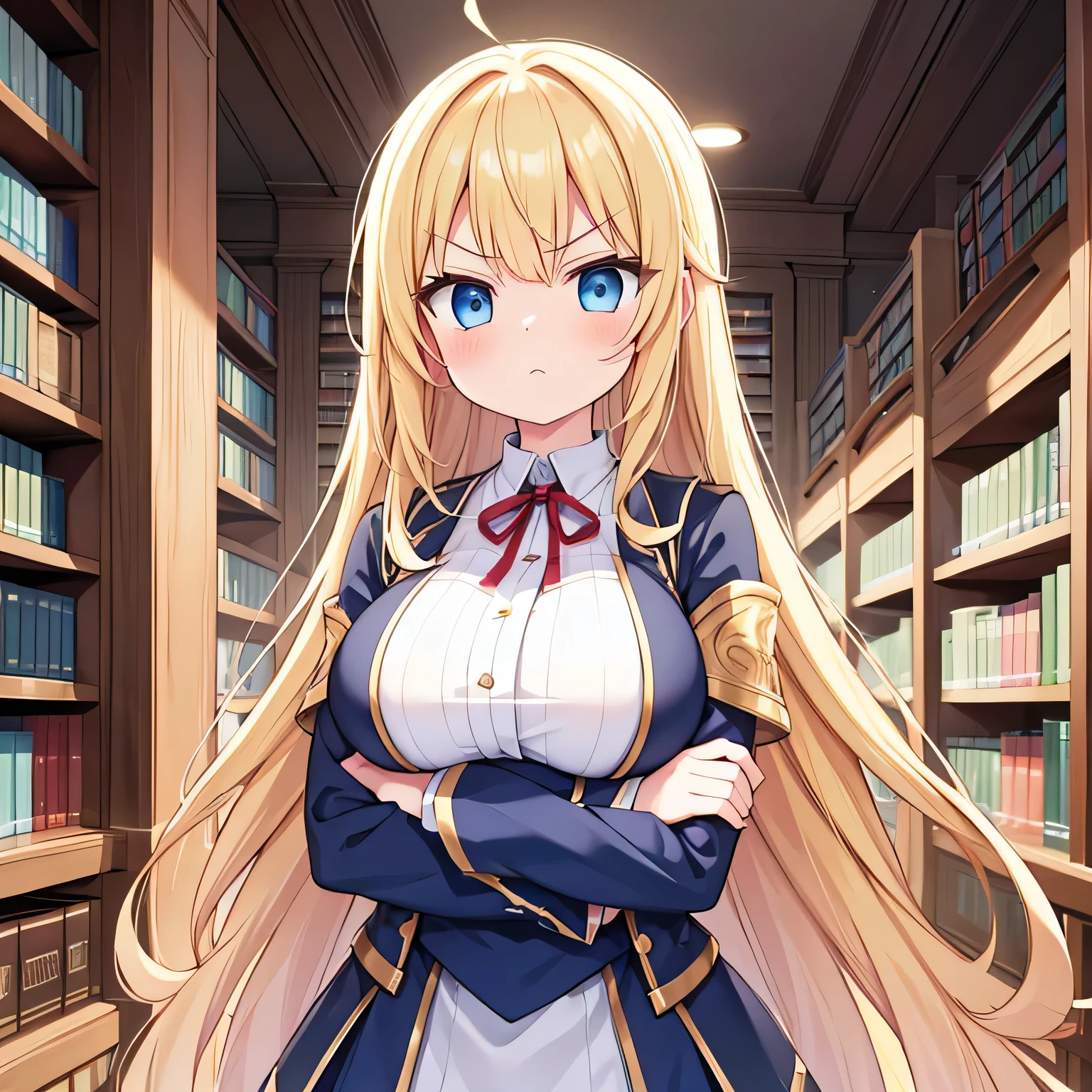 ((Library))、(In front of the bookshelf)、Girl、Big Breasts、student、Blonde long hair、Angry with arms crossed、Shining blue eyes