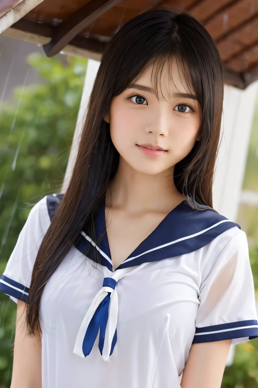 (A beautiful girl taking shelter from the rain under the eaves:1.5), 17 years old, (Highest quality:1.4), (Very detailed), (Very detailed美しい顔), Sexy look, Evenly balanced eyes, (Short-sleeved sailor suit :1.3), (School uniforms:1.3), Beautiful face and eyes, iris, Medium Hair, The Beauty of Japan, School bag, (Skinny body type:1.3), (Flat Chest:1.3), (Rain-soaked skin:1.5), Smooth, Very detailed CG synthesis 8k wallpaper, High-resolution RAW color photos, Professional photography, Light, BackLight, dream-like, impressive, Written boundary depth, High School Building, (Face close-up:1.5), (Shooting from the front:1.5)