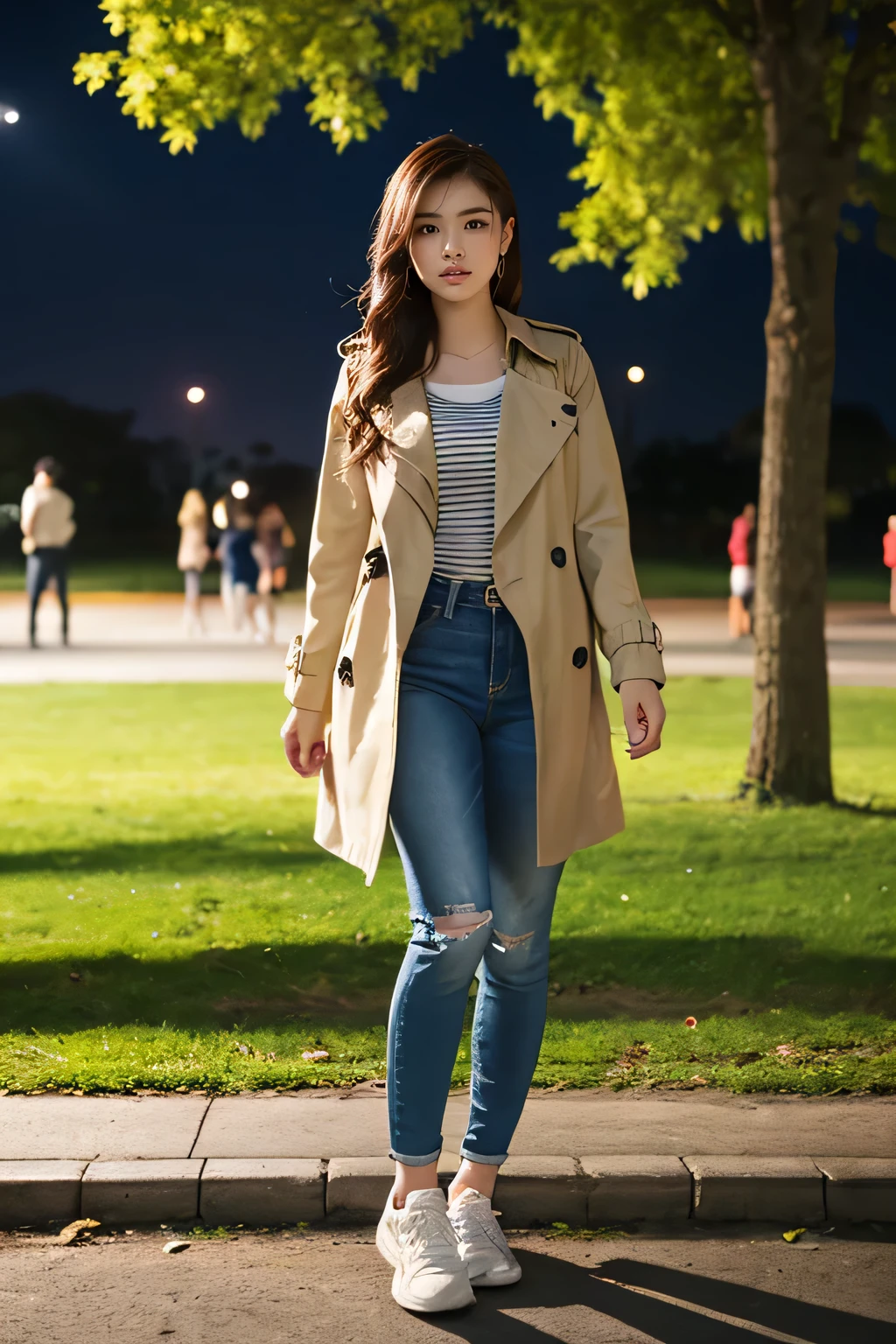 (Tabletop,high quality,16K:1.1),(Written boundary depth:1.3) ,((Full body photo)),Standing woman、trench coat、shirt、Skinny jeans、sneakers、Background is a park at night,、smile、(View your audience:1.3),(Full Body Shot:1.2),,
