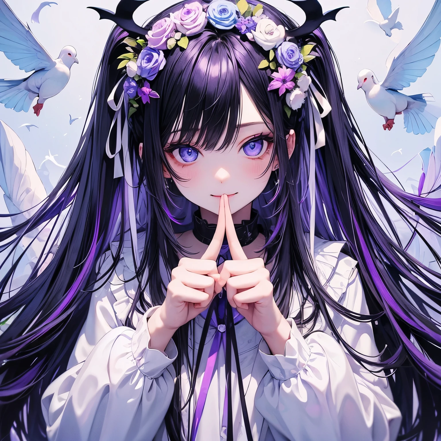 (masterpiece), Highest quality, Ultra-high resolution,Devil with a black ribbon、Light blue-violet hair、Light blue-purple eyes、Light blue-purple clothing、(White Dove:1.3)、peace、plant、smile