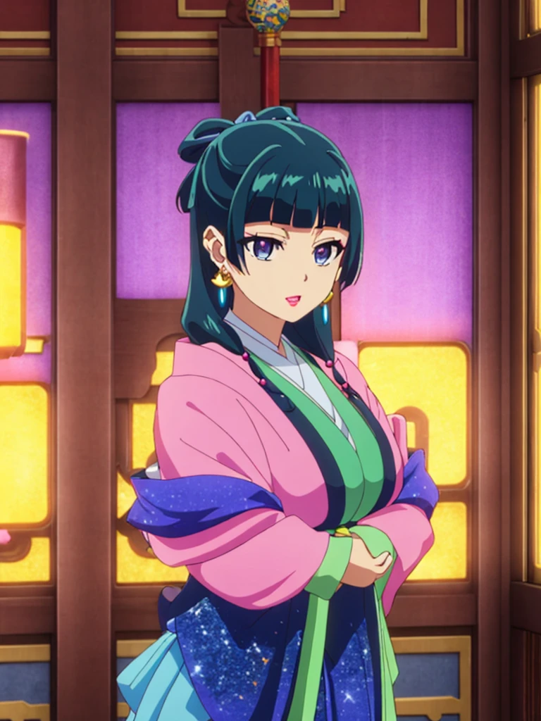 (((Highest quality､Ultra-high resolution､masterpiece: 1.2))), Highly detailed anime art style,Teen Style, (Off the shoulder,Earrings, A luxurious interior of the Tang Dynasty harem), Detailed green hair, Detailed blue eyes, Complicated hairstyle, Long Hair,Sparkling eyes,like々Shii,hair accessory, チャイニーズEarrings着用, She has a hairpin on her head、Half Up, Slightly blunt bangs, Detailed lighting, Bright colors, Looking at the audience, 45 degree top down shot､Facing forward､Stand in the center of the image､Cowboy Shot,Cat､Curvaceous､Big Breasts､Big Ass､High-end kimono､Traditional Tang Dynasty Kimono、Crimson lipstick､