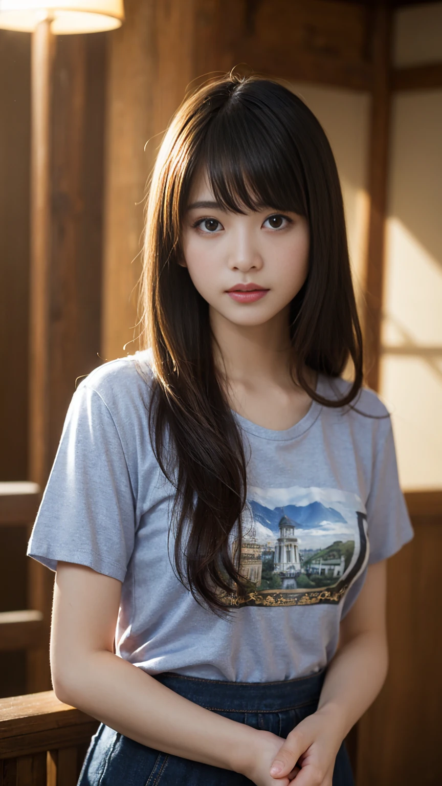 (1 girl)、Highest quality、masterpiece、Ultra-high resolution、(Photorealistic:1.4)、RAW Photos、(1 girl)、(T-Shirts)、Portraiture、Global Illumination、Shadow、Octane Rendering、8k、Ultra Sharp、Metal、Intricate decorative details、More about Japan、Very intricate details、close、Realistic Light、(Mysterious look),Trends of the CG Association、Shining Eyes、To the camera、Small LED、2 stocks