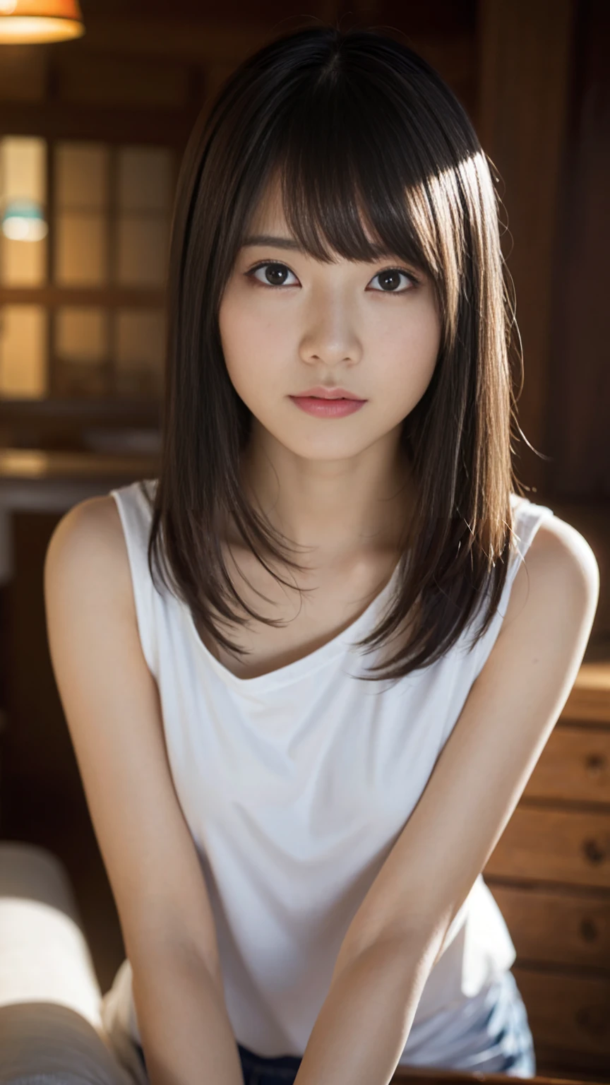 (1 girl)、Highest quality、masterpiece、Ultra-high resolution、(Photorealistic:1.4)、RAW Photos、(1 girl)、(T-Shirts)、Portraiture、Global Illumination、Shadow、Octane Rendering、8k、Ultra Sharp、Metal、Intricate decorative details、More about Japan、Very intricate details、close、Realistic Light、(Mysterious look),Trends of the CG Association、Shining Eyes、To the camera、Small LED、2 stocks