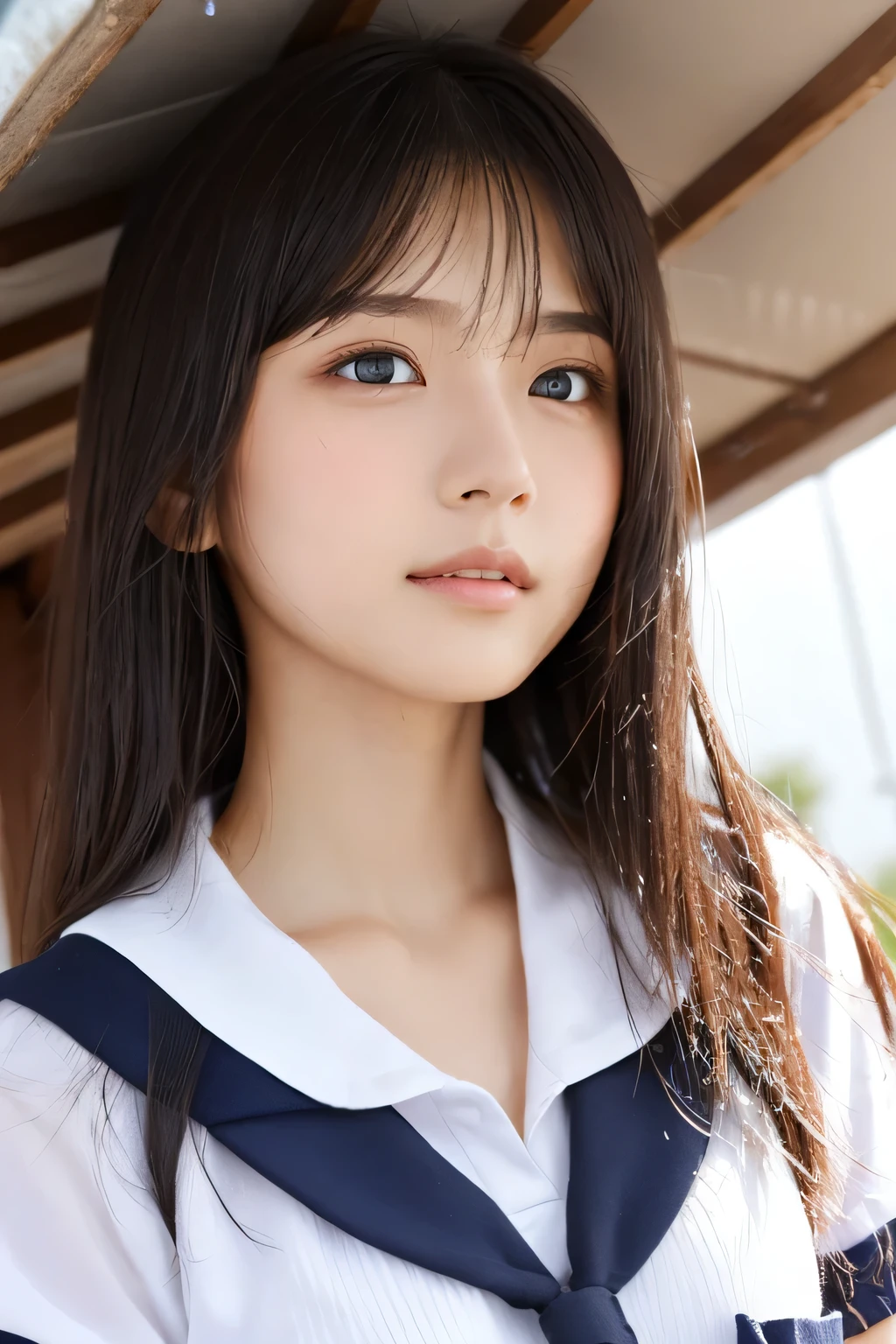 (A beautiful girl taking shelter from the rain under the eaves:1.5), , (Highest quality:1.4), (Very detailed), (Very detailed美しい顔), Sexy look, Evenly balanced eyes, (Short-sleeved sailor suit :1.3), (School uniforms:1.3), Beautiful face and eyes, iris, Medium Hair, The Beauty of Japan, School bag, (Skinny body type:1.3), (Flat Chest:1.3), (Rain-soaked skin:1.5), Smooth, Very detailed CG synthesis 8k wallpaper, High-resolution RAW color photos, Professional photography, Light, BackLight, dream-like, impressive, Written boundary depth, High School Building, (Face close-up:1.5), (Shooting from the front:1.5)