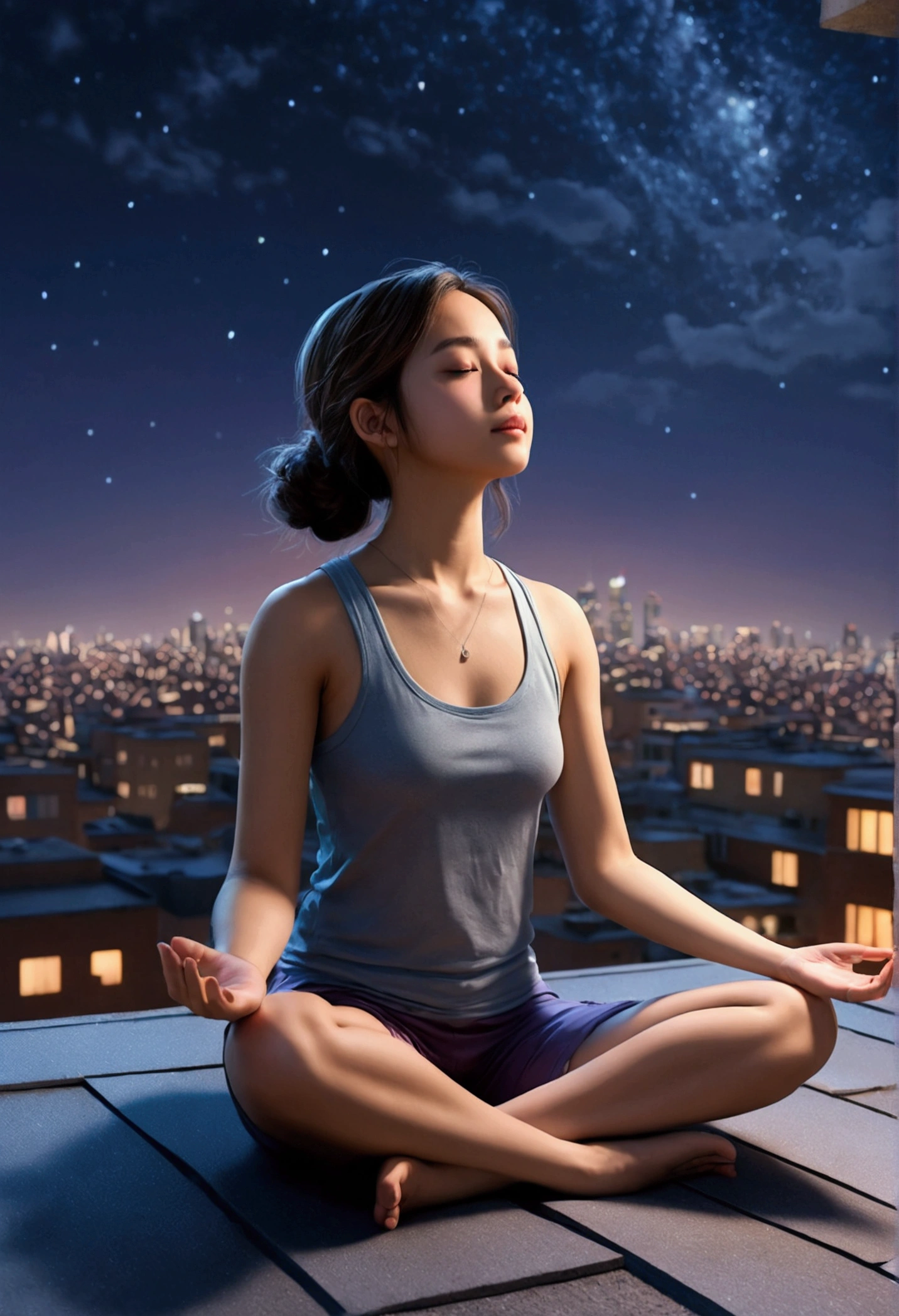 Under the stars、night、A girl meditating on the roof of a building, There is a building below, (Better Quality, 4K, High range:1.2) , Ultra-detailed, (Realistic:1.37), An illustration, Cityscape, Peaceful atmosphere, Bright colors, Soft lighting