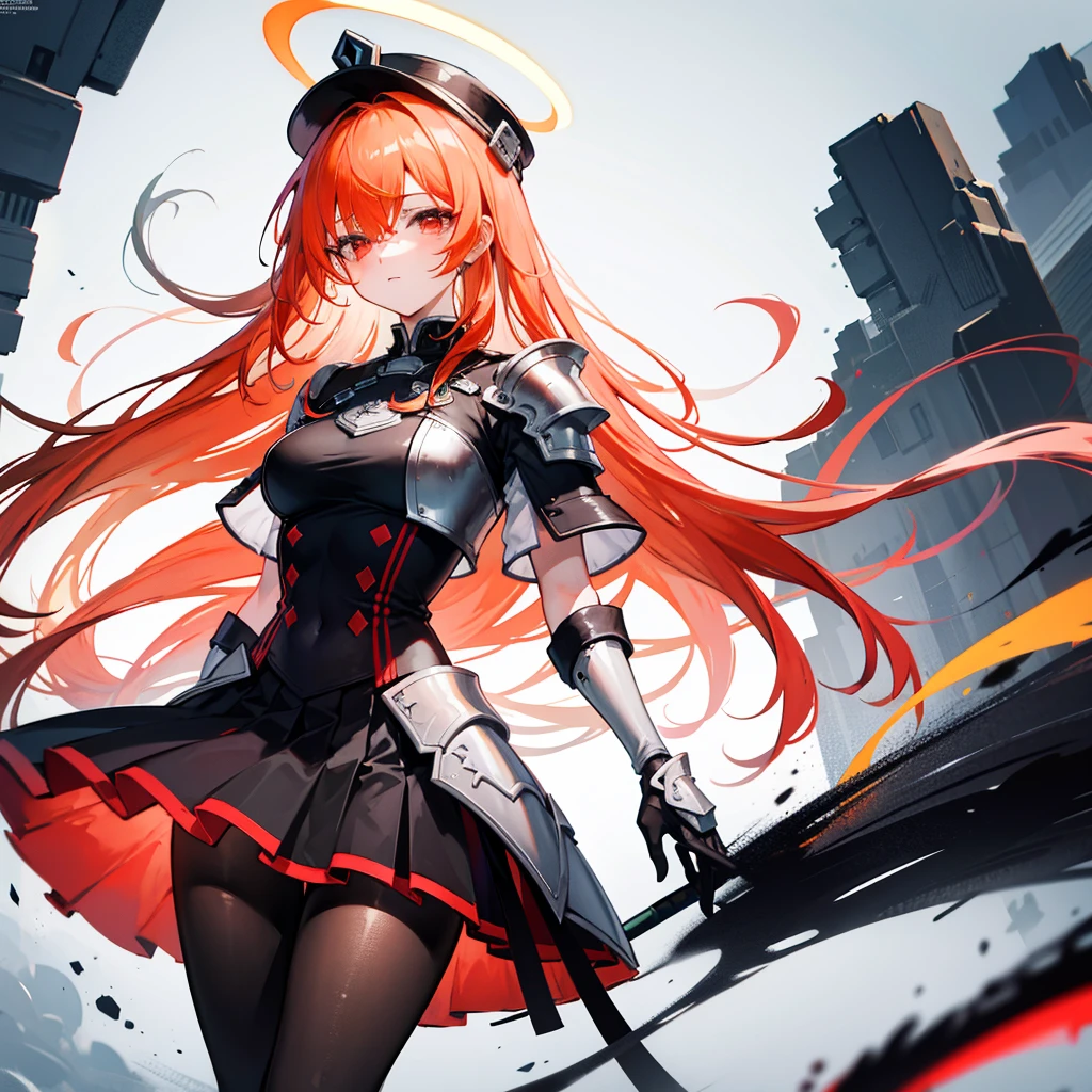 (masterpiece), best quality, Extremely detailed, illustration, Warm lighting, Vibrant colors, 1 Girl, Solitary, Very long hair, Gray hair, Orange Hair, Orange undercoat, Red Eyes, Colored undercoat, Two-tone hair, Ahog, Absurdly long hair, orange Colored undercoat, Colorful hair, Halo, , , Tights, Flowing long hair, wind, Close one eye, staff, skirt, armor, hat, floating,, ,