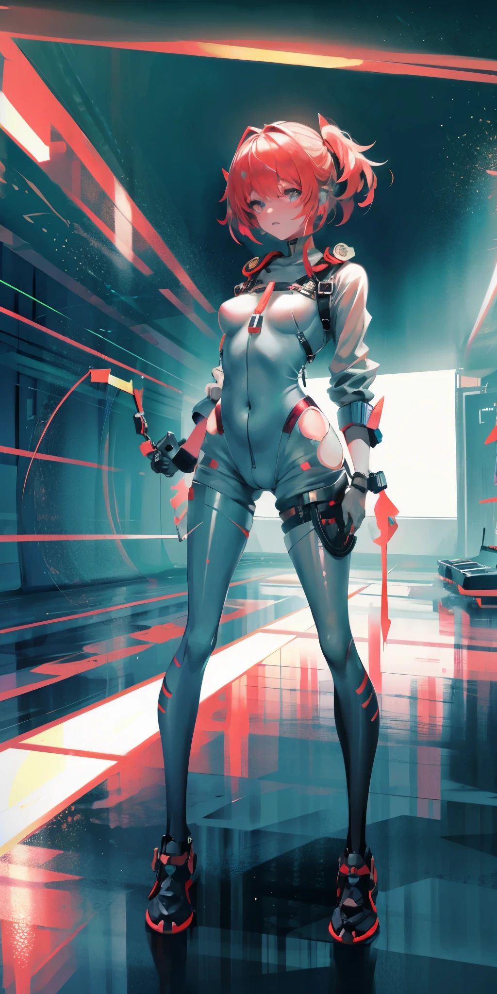 （Best quality：1.2），1 girl，Alone，permanent_，Ayanami Rei，White jumpsuit，Red Eyes，Pilot suits，short hair，Blue Hair，Bangs，Interface Headphones，turtleneck sweater，Hair between the eyes，Pixelated background，Neon lights，Sci-fi color scheme，Vibrant colors，Metallic，Detailed shadows，Holographic interface，Dark atmosphere，High contrast，Clear focus，A strand of hair，shiny reflective surfaces，Exquisite details，high resolution，Studio Lighting，Red embellishment，Lighting environment，Artificial intelligence assistant