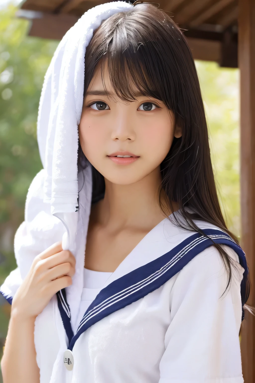 (Beautiful girl wiping her head with a towel:1.5), ************, (Highest quality:1.4), (Very detailed), (Very detailed美しい顔), Sexy look, Evenly balanced eyes, (Short-sleeved sailor suit :1.3), (School uniforms:1.3), Beautiful face and eyes, iris, Medium Hair, The Beauty of Japan, (Skinny body type:1.3), (Flat Chest:1.3), (Rain-soaked skin:1.5), Smooth, Very detailed CG synthesis 8k wallpaper, High-resolution RAW color photos, Professional photography, Light, BackLight, dream-like, impressive, Written boundary depth, Wide entrance, (Face close-up:1.5), (Shooting from the front:1.5)