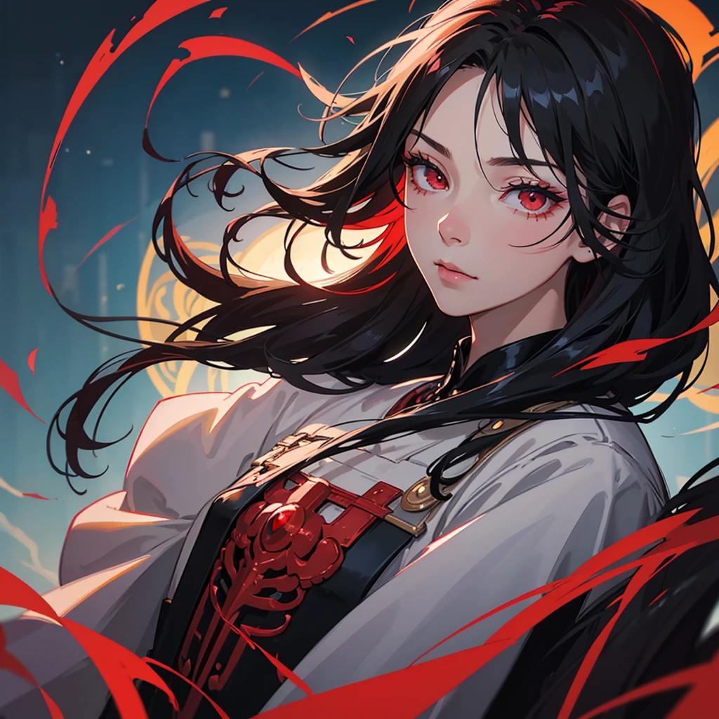 black hair, hair slicked back, eyeball, red eyes, longeyelashes, thinking, Surrealism, conceptual art, アニメ, アニメ style, glowing light, projected inset, cowboy shot, from side, lens flare, bokeh, 8k, super detail, uhd, masterpiece, accurate, anatomically correct, textured skin, super detail, high details, high quality, award winning, best quality, highres、The two-block side part is visible.、Turning to the right, with left hand on chin、Bangs are up、The hair is generally swept back、Hair that looks like it's been blown by the wind、Wearing a simple light blue shirt、One man、1boy