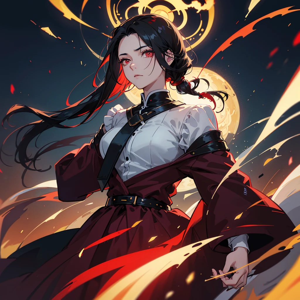 black hair, hair slicked back, eyeball, red eyes, longeyelashes, thinking, Surrealism, conceptual art, アニメ, アニメ style, glowing light, projected inset, cowboy shot, from side, lens flare, bokeh, 8k, super detail, uhd, masterpiece, accurate, anatomically correct, textured skin, super detail, high details, high quality, award winning, best quality, highres、The two-block side part is visible.、Turning to the right, with left hand on chin、Bangs are up、The hair is generally swept back、Hair that looks like it's been blown by the wind、Wearing a simple light blue shirt、One man、1boy