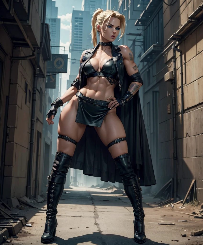 (((Full-length shot))),((Best quality)), ((masterpiece)), (detailed),muscular build and medium breasts .., wears an open black leather vest.., black leather gloves, a short skirt and heavy boots. She has a punk rock look and blonde hair pulled back into a ponytail.Hyper-realistic close-up photo of Cammy, blue eyes,(Photorealism: 1.4), Create dystopian masterpieces. Post-apocalyptic world. Pay attention to small details, sharp focus. The palms of the hands are clenched into fists.