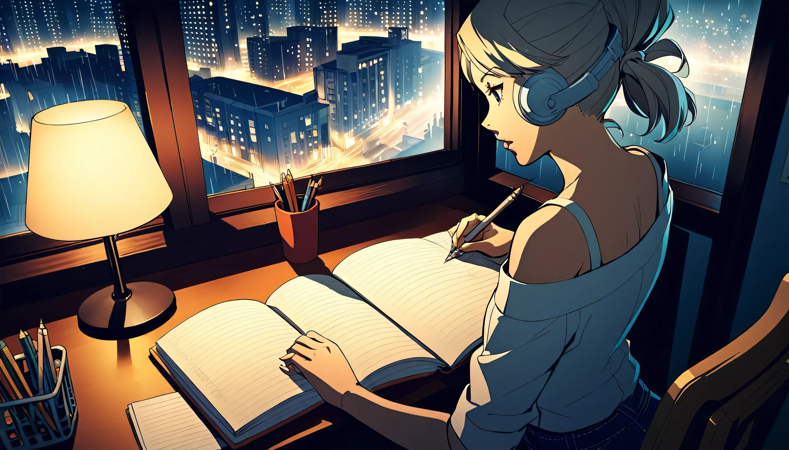 
A nighttime cityscape serves as the backdrop for an anime-style illustration. The scene features a young woman sitting at a desk, writing in a notebook while studying. Rain is falling outside, with droplets visible on the window, and the city lights create a vibrant urban atmosphere. Inside the room, a desk lamp illuminates the woman and her workspace, casting a warm glow. The woman, styled in the characteristic look of manga artist Eguchi Hisashi, has long hair tied back in a ponytail and is dressed in a relaxed, off-shoulder top. She is wearing white headphones, adding a modern touch to her appearance. She is focused on her notebook, writing with a pen. The desk is equipped with various items, including a cup filled with pencils and pens. The overall ambiance reflects a quiet, concentrated nighttime study session, highlighting both the tranquility of the city night and the woman's dedication.