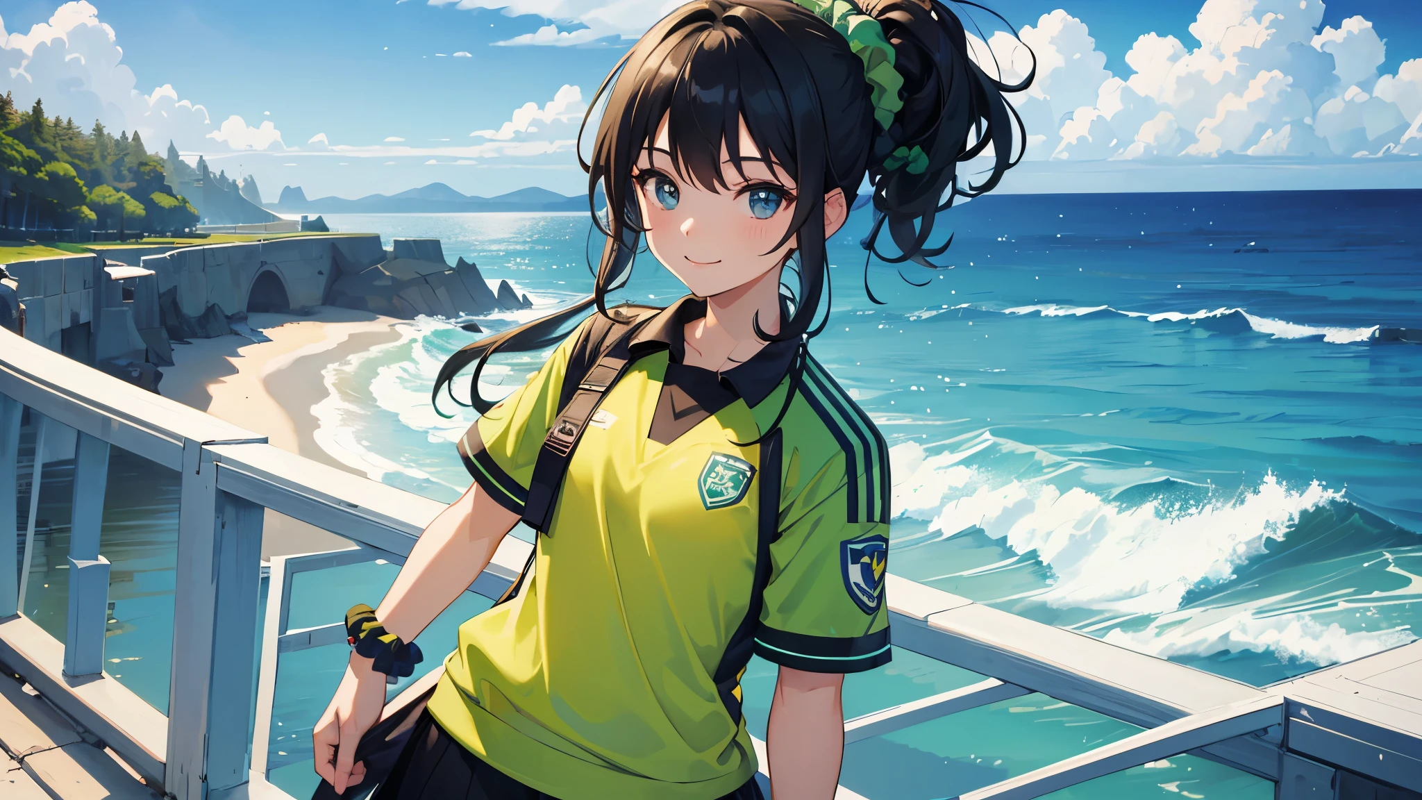 ((Highest quality)),((masterpiece)),A girl with a ponytail wearing a light green soccer uniform smiles at the viewer by the evening sea,((Blue Scrunchie:1.1)),black eye,Black Hair