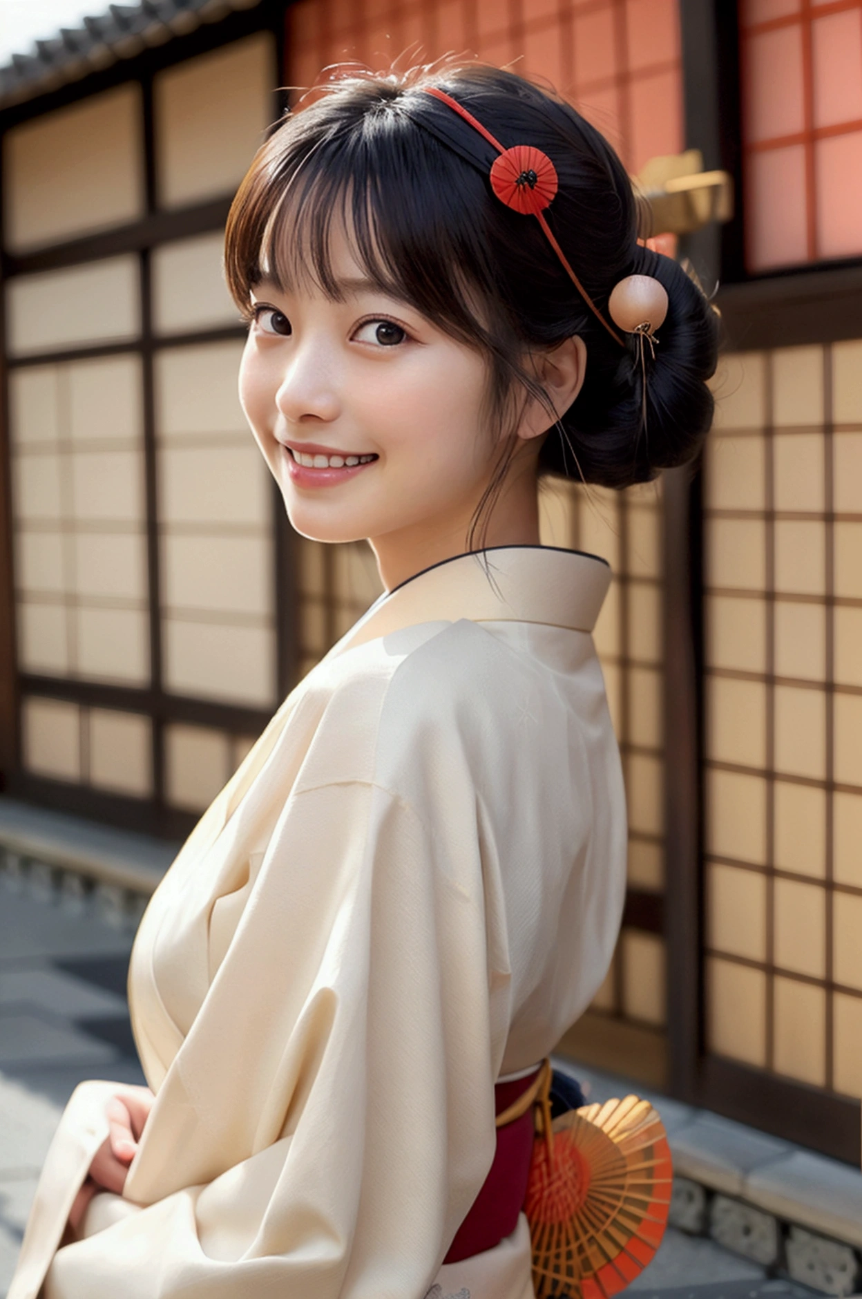 professional lighting,(Photoreal:1.4), (Top image quality:1.0), (超A high resolution:1.0), 8k, Raw photography, (masterpiece:0.2), (Pueros face_v1:0.5)、(highest quality Detail:1.2)、realistic、8k UHD、High resolution、(1 girl:1.2)、Super detailed、High quality textures、intricate details、detailed、Very detailed CG、High quality shadows、detailed Beautiful and delicate face、Beautiful details and delicate eyes、(symmetrical eyes:1.2),Depth of the bounds written、ray tracing,1 girl, japanese girl, (natural smile:1.4),cute, thin, Portrait of a beautiful Japanese woman wearing a kimono, Standing elegantly on a street corner in Kyoto. A kimono with bright traditional patterns, Hair decorated with an elegant and delicate hairpin, and a gentle expression. (Against the backdrop of the old streets of Kyoto:1.4)、soft light on a spring afternoon、adds tranquility to the scene. Rendered in a realistic style with great attention to detail, High resolution images.s ky porn, magic hour, (realistic:1.3), finely, quality, (table top:1.2), (realistic:1.2), (highest quality), (Complex details), dramatic, ray tracing, photograph, +roller