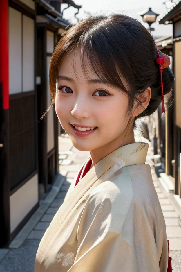 professional lighting,(Photoreal:1.4), (Top image quality:1.0), (超A high resolution:1.0), 8k, Raw photography, (masterpiece:0.2), (Pueros face_v1:0.5)、(highest quality Detail:1.2)、realistic、8k UHD、High resolution、(1 girl:1.2)、Super detailed、High quality textures、intricate details、detailed、Very detailed CG、High quality shadows、detailed Beautiful and delicate face、Beautiful details and delicate eyes、(symmetrical eyes:1.2),Depth of the bounds written、ray tracing,1 girl, japanese girl, (natural smile:1.4),cute, thin, Portrait of a beautiful Japanese woman wearing a kimono, Standing elegantly on a street corner in Kyoto. A kimono with bright traditional patterns, Hair decorated with an elegant and delicate hairpin, and a gentle expression. (Against the backdrop of the old streets of Kyoto:1.4)、soft light on a spring afternoon、adds tranquility to the scene. Rendered in a realistic style with great attention to detail, High resolution images.s ky porn, magic hour, (realistic:1.3), finely, quality, (table top:1.2), (realistic:1.2), (highest quality), (Complex details), dramatic, ray tracing, photograph, +roller