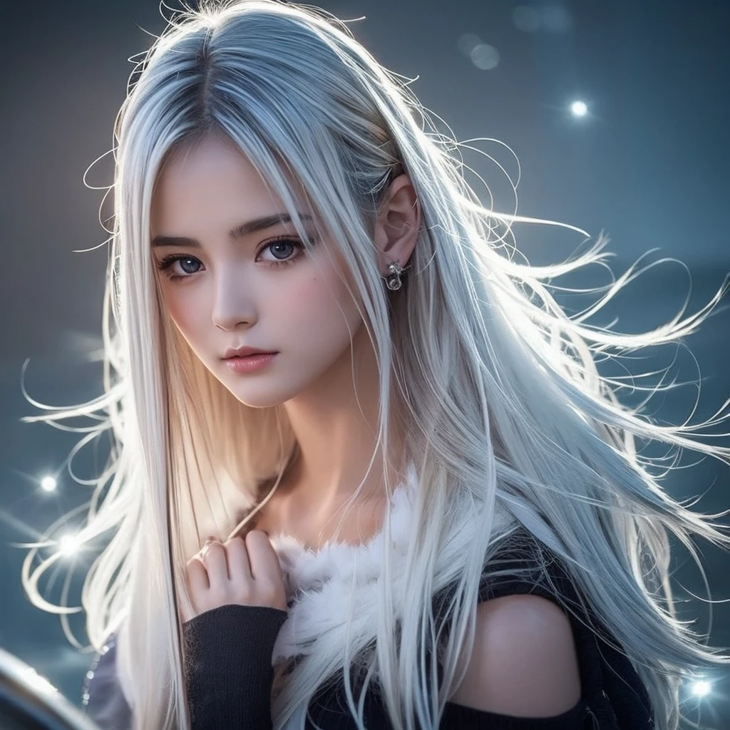 Shortcuts、Soft and fluffy、ephemeral、Starry Sky、Night view、whole body、Beautiful Hair、White skin、girl、universe, streaked hair, white hair, medium hair, mole under eye, heart-shaped pupils, chiaroscuro, cinematic lighting, sparkle, Surrealism, UHD, high details, best quality, masterpiece