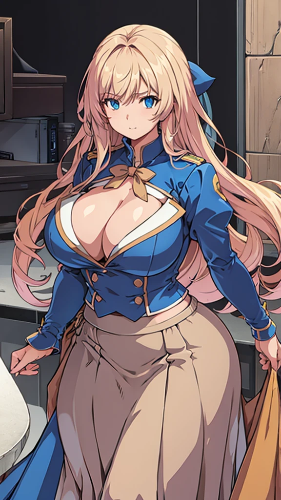 High detailed, 1 girl, light Brown long spiked hair, busty, firm plump body, genetics uniform , Juliet sleeves, pencil BLUE skirt, deep cleavage, Juliet sleeves 