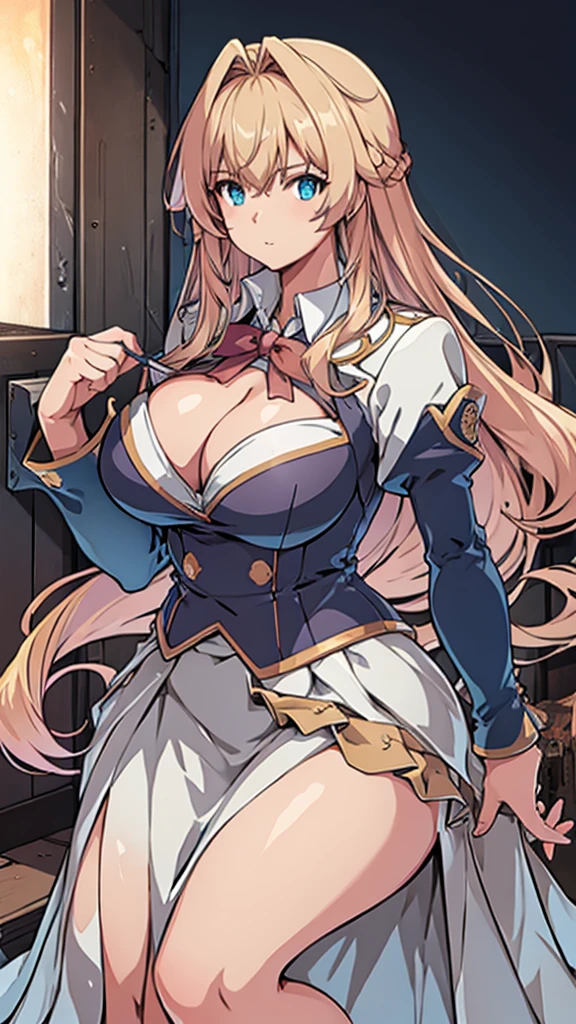 High detailed, 1 girl, light Brown long spiked hair, busty, firm plump body, genetics uniform , Juliet sleeves, pencil BLUE skirt, deep cleavage, Juliet sleeves