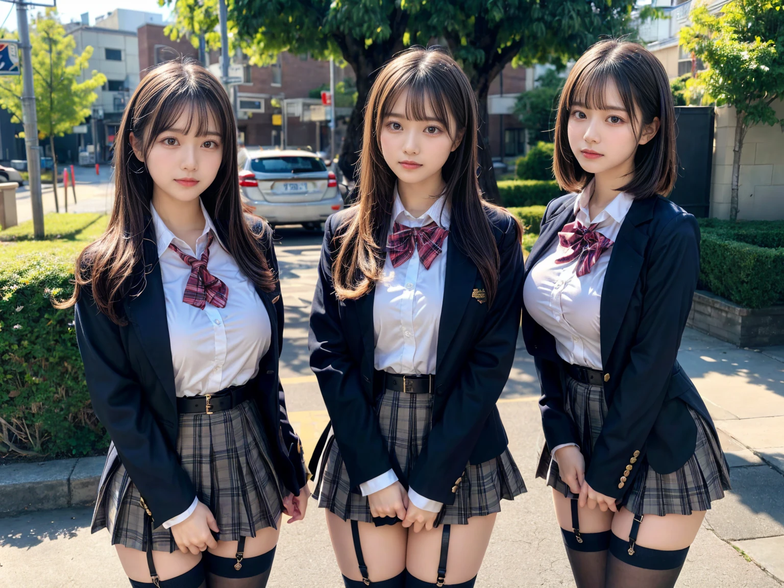 (8K, Raw photography, top-quality, masterpiece:1.2), master piece, best quality, illustration, Super detailed, fine details, High resolution, 8K,wall paper, perfect dynamic composition,(Details High quality, realistic depiction of eyes:1.3), ((2 girls, 2 schoolgirls)), The background is a luxury hotel room、High school girl uniform、blazer 、Super Short Check Uniform Skirt、Navy blue high socks、garterbelts、Colossal tits、Disturbed uniform, Play with each other,Touching each other's bodies,Touching the body of the girl next door, short bob hair, black hair color, huge breasts, Big Natural Color Lip, bold sexy pose, (perfect body shape), crying a little、cold gaze, Beautiful makeup,glitter makeup,Cutest 18 years old, beautiful legs, hposing Gravure Idol, Voluptuous thighs