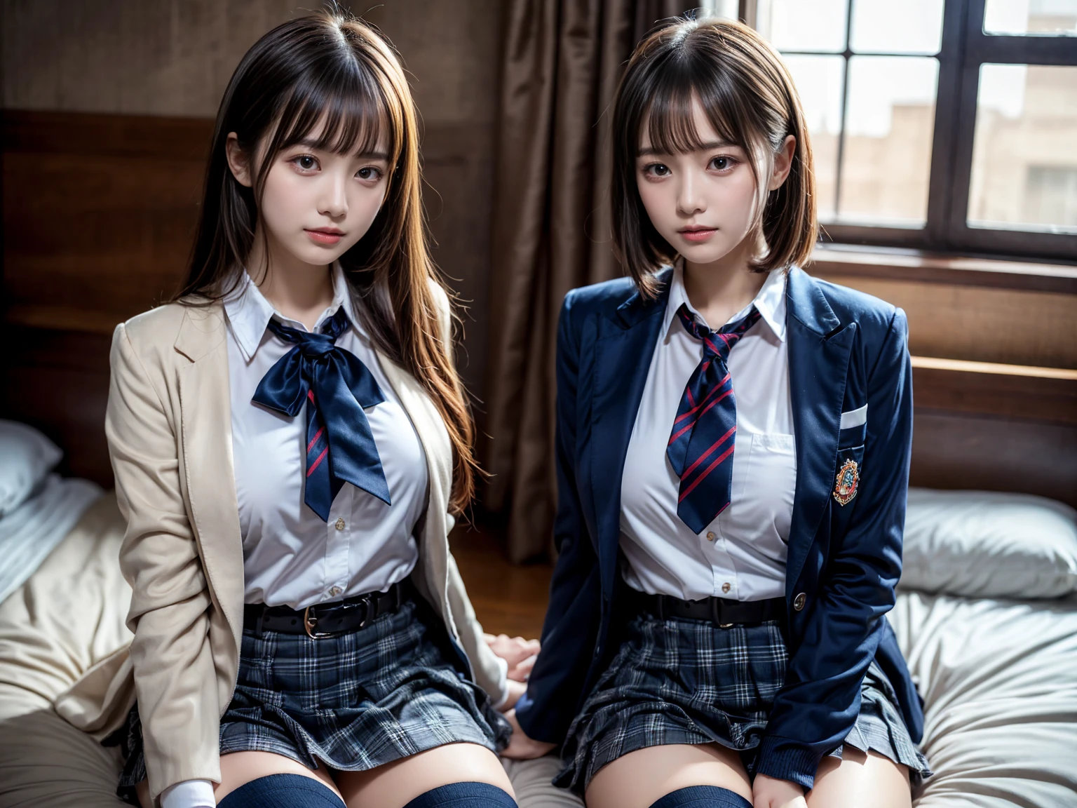 (8K, Raw photography, top-quality, ​masterpiece:1.2), master piece, best quality, illustration, Super detailed, fine details, High resolution, 8K,wall paper, perfect dynamic composition,(Details High quality, realistic depiction of eyes:1.3), ((2 girls, 2 schoolgirls)), The background is a luxury hotel room、High school girl uniform、blazer 、Super Short Check Uniform Skirt、Navy blue high socks、garterbelts、Colossal tits、Disturbed uniform, Play with each other,Touching each other's bodies,Touching the body of the girl next door, short bob hair, black hair color, huge breasts, Big Natural Color Lip, bold sexy pose, (perfect body shape), crying a little、cold gaze,  Beautiful makeup,glitter makeup,Cutest 18 years old, beautiful legs, hposing Gravure Idol, Voluptuous thighs