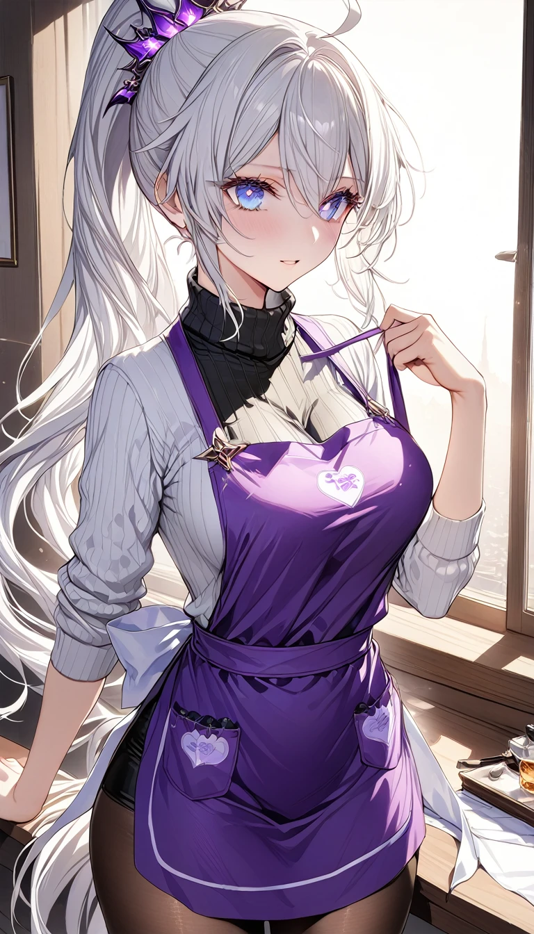 (masterpiece, top quality, best quality, official art, beautiful and aesthetic:1.2),(8k, best quality, masterpiece:1.2), (((masterpiece))),(((best quality))),(((extremely detailed))),illustration,who, (masterpiece, top quality, best quality, official art, beautiful and aesthetic:1.2),(8k, best quality, masterpiece:1.2), kiana_kaslana, kiana kaslana (herrscher of finality), white hair, very long hair, ponytail, blue eyes, light purple pupils, 1girl, ahoge, (purple_apron, (apron the message "I LOVE MEI")), black_pantyhose, commentary_request, cowboy_shot, highres, indoors, large_breasts, long_sleeves, looking_at_viewer, official_alternate_eye_color, official_alternate_hair_color, ponytail, ribbed_sweater, solo, standing, turtleneck_sweater, tying_apron, white_sweater