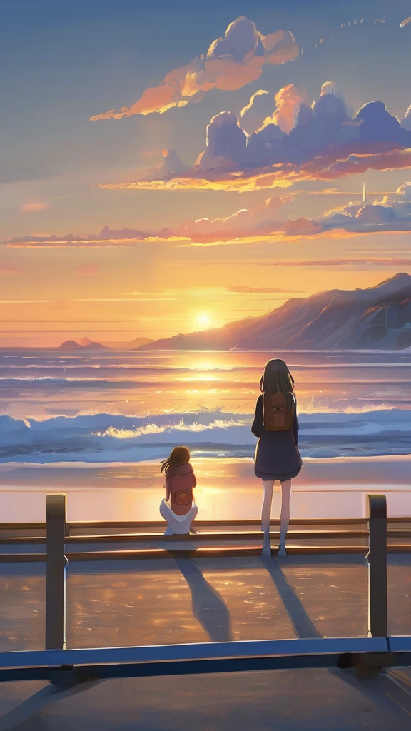 Girls from different worlds (snowfall, Christmas tree, New Year's toys, Beach,waves, sand)stretch out hands to each other, anime couple two girls friends brunette and blonde, standing on a ledge and watching the sunset, clouds and rainbow below, guweiz and makoto sinkai, in style of makoto sinkai, makoto sinkai cyril rolando, sakimichan and makoto sinkai, ross tran and makoto sinkai, ( ( makoto sinkai ) ), style of makoto sinkai