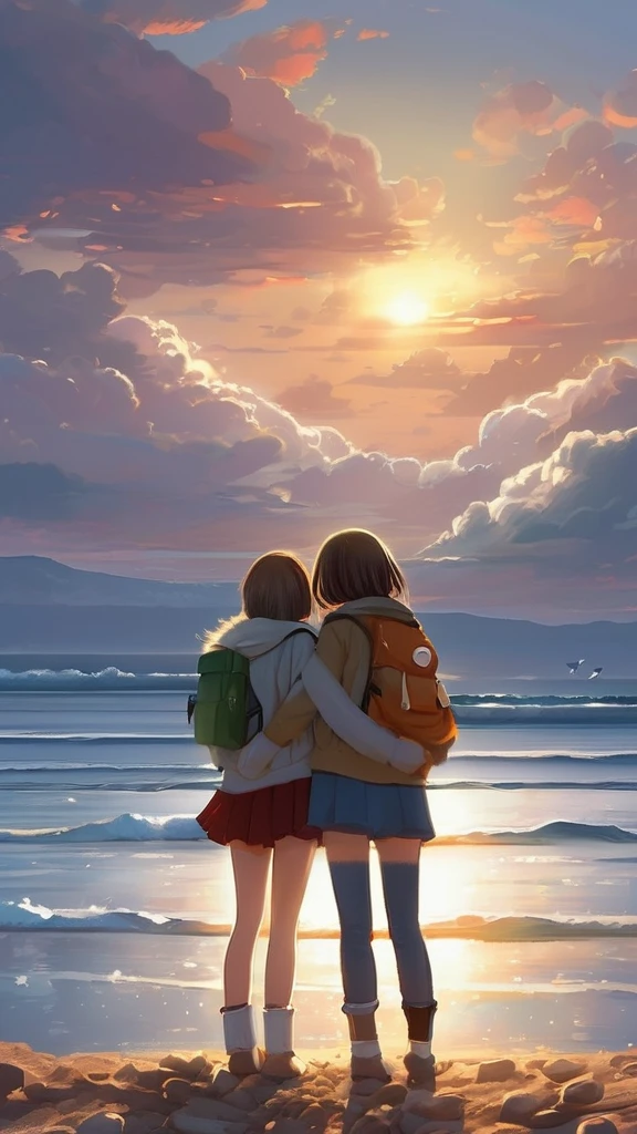 Girls from different worlds (snowfall, Christmas tree, New Year's toys, Beach,waves, sand)stretch out hands to each other, anime couple two girls friends brunette and blonde, standing on a ledge and watching the sunset, clouds and rainbow below, guweiz and makoto sinkai, in style of makoto sinkai, makoto sinkai cyril rolando, sakimichan and makoto sinkai, ross tran and makoto sinkai, ( ( makoto sinkai ) ), style of makoto sinkai