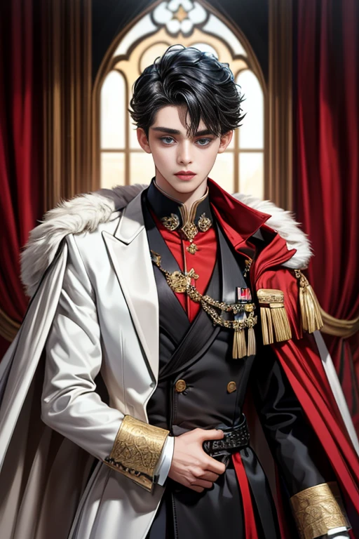 masterpiece, 最high quality, high quality, 1 boy, alone, Male focus, Watching the audience, Messy black hair, Adorable big blue eyes, White people, Noble, Noble,Sexy voluminous black and red cape、Tuxedo、A very voluminous, large, very large, very large, long, long red and black cape with a high stand-up collar, reaching down to the floor, made of a lot of fabric., 17 years old,Cute beautiful boys,Cute, cute, kind, handsome guy