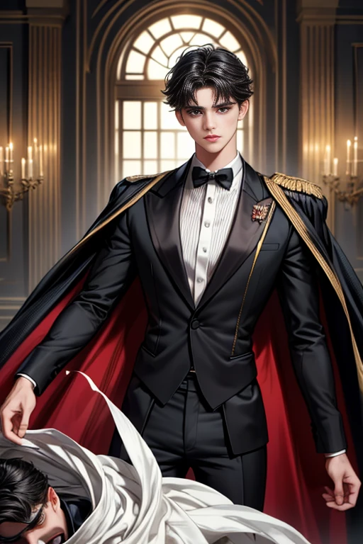masterpiece, 最high quality, high quality, 1 boy, alone, Male focus, Watching the audience, Messy black hair, Adorable big blue eyes, White people, Noble, Noble,Sexy voluminous black and red cape、Tuxedo、A very voluminous, large, very large, very large, long, long red and black cape with a high stand-up collar, reaching down to the floor, made of a lot of fabric., 17 years old,Cute beautiful boys,Cute, cute, kind, handsome guy