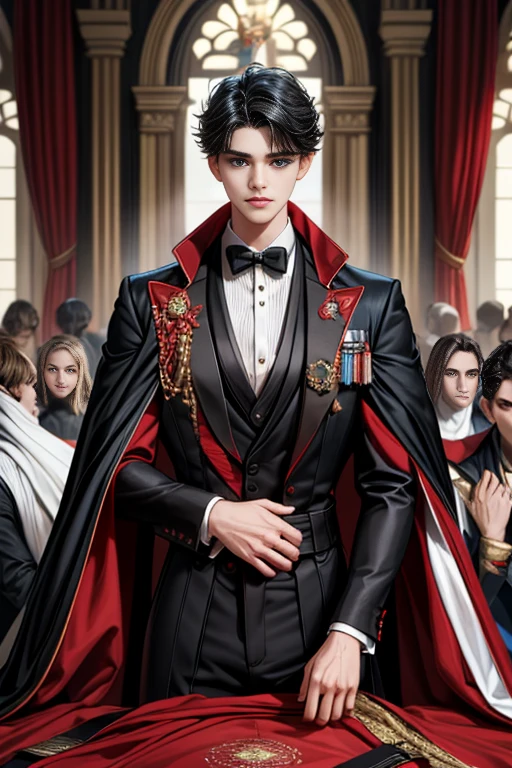 masterpiece, 最high quality, high quality, 1 boy, alone, Male focus, Watching the audience, Messy black hair, Adorable big blue eyes, White people, Noble, Noble,Sexy voluminous black and red cape、Tuxedo、A very voluminous, large, very large, very large, long, long red and black cape with a high stand-up collar, reaching down to the floor, made of a lot of fabric., ,Cute beautiful boys,Cute, cute, kind, handsome guy