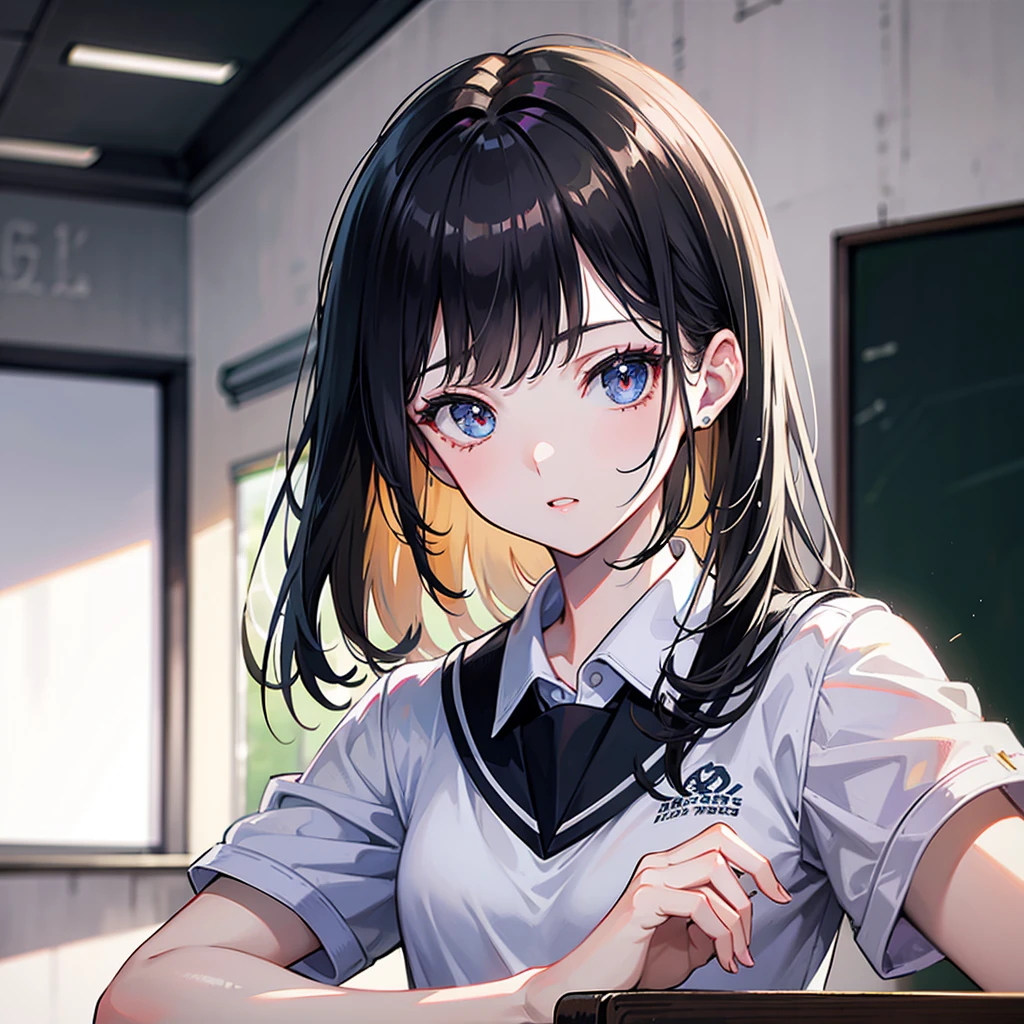 1 Girl, Portrait by re4ashley, sports, Black school uniform, White shirt, classroom, Volumetric Lighting, best quality, masterpiece, Intricate details, Tone Mapping, Clear focus, Ultra Detailed, Popular on artstation, Practical, 