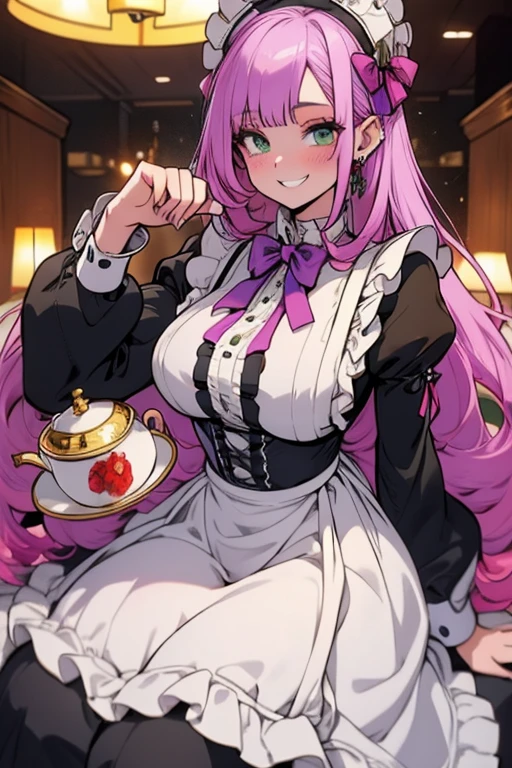 Perfect face. Perfect hands. A light purple haired woman with green eyes with an hourglass figure in a ta maid uniform is serving tea with a big smile in a fancy maid cafe