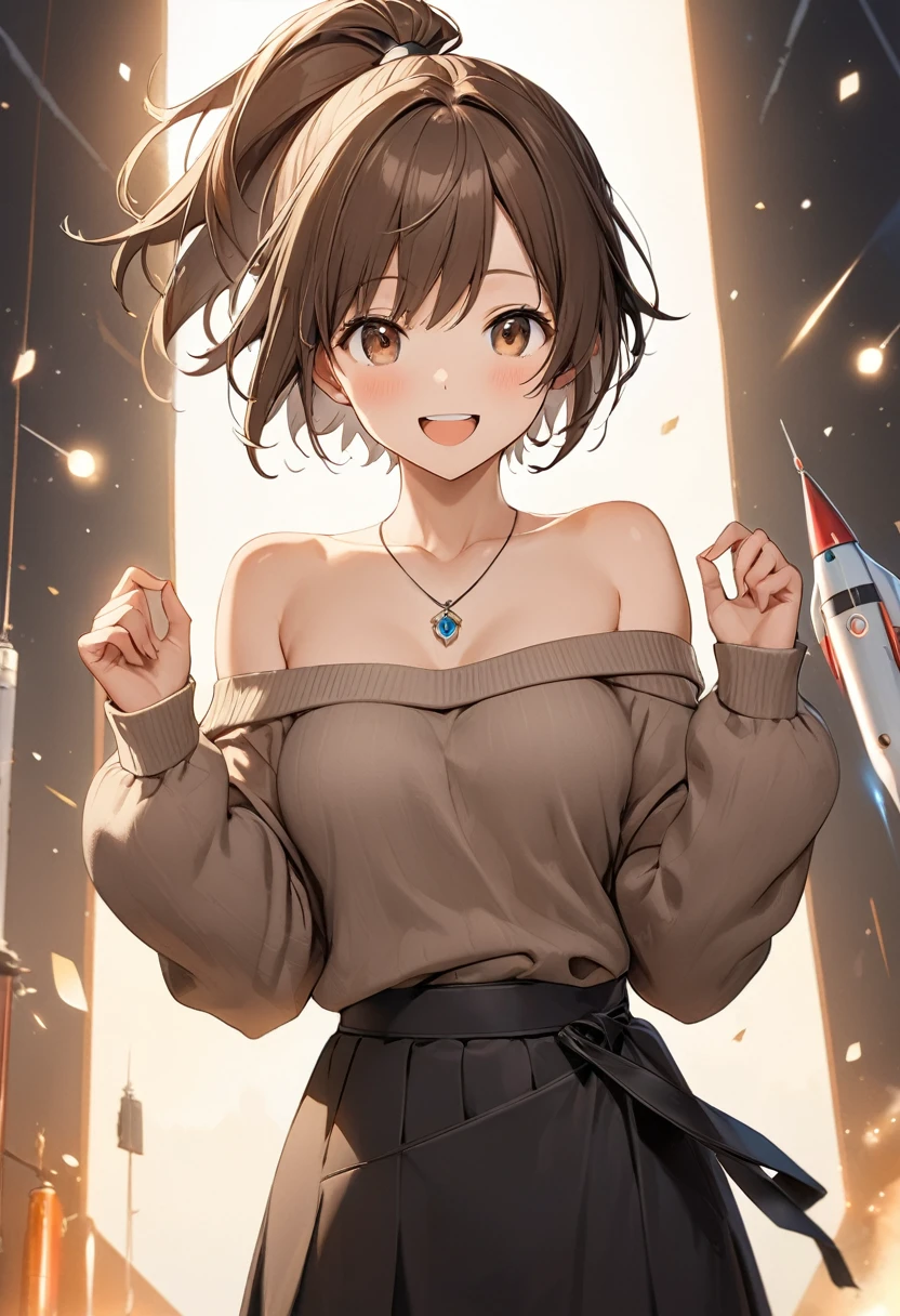 (masterpiece:1.2), Highest quality, High resolution, unity 8k wallpaper, (shape:0.8), (Beautiful details:1.6), Highly detailed face, Perfect lighting, Extremely detailed CG, (Perfect hands, Perfect Anatomy),Yu Hirasawa,short hair, Brown Hair, (Brown eyes:1.5), ponytail,happy smile, smile,Open your mouth,Off-the-shoulder sweater,Long skirt,Exposing shoulders,bare clavicle,Bare neck,Rocket Pendant,whole body