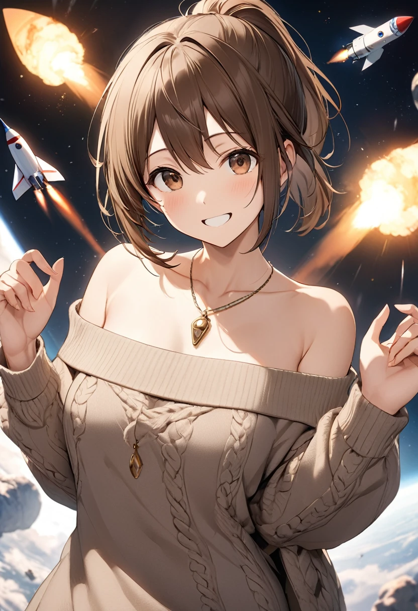 (masterpiece:1.2), Highest quality, High resolution, unity 8k wallpaper, (shape:0.8), (Beautiful details:1.6), Highly detailed face, Perfect lighting, Extremely detailed CG, (Perfect hands, Perfect Anatomy),Yu Hirasawa,short hair, Brown Hair, (Brown eyes:1.5), ponytail,happy smile, smile,Open your mouth,Off-the-shoulder sweater,Long skirt,Exposing shoulders,bare clavicle,Bare neck,Rocket Pendant,whole body