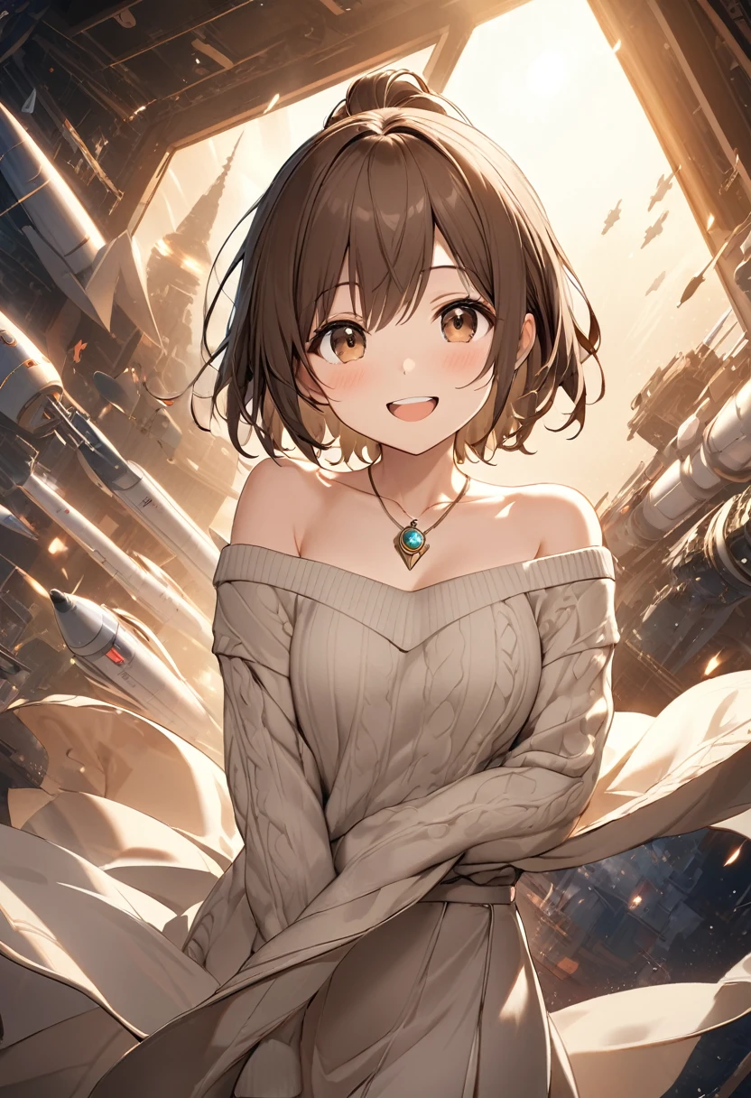 (masterpiece:1.2), Highest quality, High resolution, unity 8k wallpaper, (shape:0.8), (Beautiful details:1.6), Highly detailed face, Perfect lighting, Extremely detailed CG, (Perfect hands, Perfect Anatomy),Yu Hirasawa,short hair, Brown Hair, (Brown eyes:1.5), ponytail,happy smile, smile,Open your mouth,Off-the-shoulder sweater,Long skirt,Exposing shoulders,bare clavicle,Bare neck,Rocket Pendant,whole body