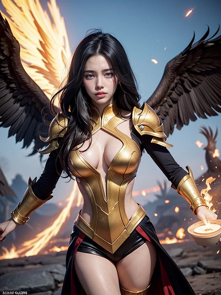 Imagine Quinn from League of Legends in her Phoenix skin, massive k-cups,featuring fiery, golden armor and a majestic, mythical bird aesthetic. Capture the moment she activates her Heightened Senses ability, with Valor soaring high and revealing enemy positions while Quinn’s eyes glow with intense focus