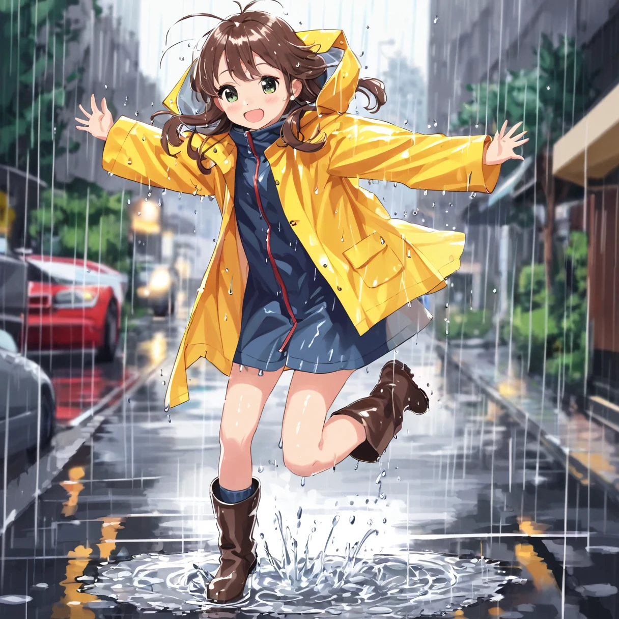 a cute girl wearing a rain coat and boots in the rain, jumping in a puddle, splash