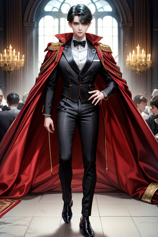 masterpiece, 最high quality, high quality, 1 boy, alone, Male focus, Watching the audience, Messy black hair, Adorable big blue eyes, White, Noble, Noble,A black and red cape that is bursting with sexy volume、Tuxedo、A very voluminous, large, very large, very large, long, long red and black cape with a high stand-up collar, made of a lot of fabric that reaches down to the floor., 17 years old,Cute beautiful boys,Cute, cute, kind, handsome guy