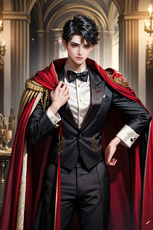 
masterpiece, 最high quality, high quality, 1 boy, alone, Male focus, Watching the audience,  Messy black hair, Adorable big blue eyes, White, Noble, Noble,A black and red cape that is bursting with sexy volume、Tuxedo、A very voluminous, large, very large, very large, long, long red and black cape with a high stand-up collar, made of a lot of fabric that reaches down to the floor., 17 years old,Cute beautiful boys,Cute, cute, kind, handsome guy