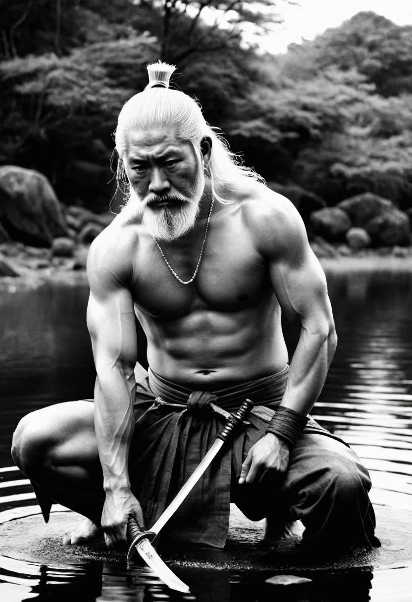 Black and white painting,、Ink Painting、historic, Shirtless老人, warrior,Wounded,Shirtless, Japanese sword, Long white hair, Long white beard,warrior,Grandpa, burst,Kneeling,Seppuku suicide,Sitting on the still water,Spiegel stops water,Shading techniques unique to sumi-e,highlighting his intense focus and determination,