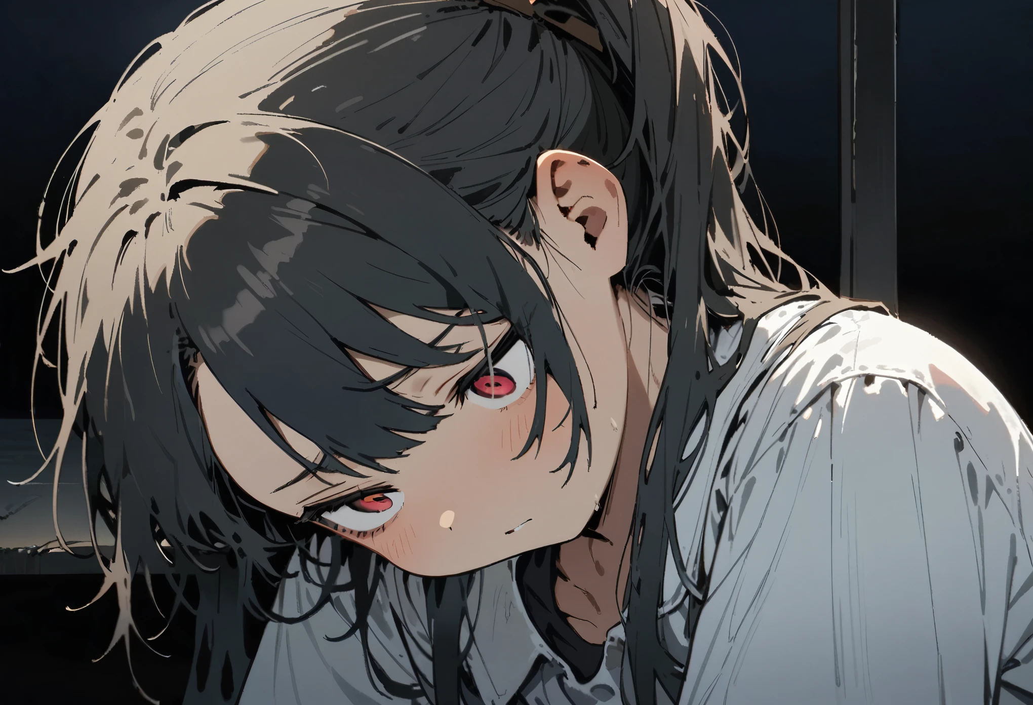 A distressed -yeld Kon girl with her head bowed in a dark room
