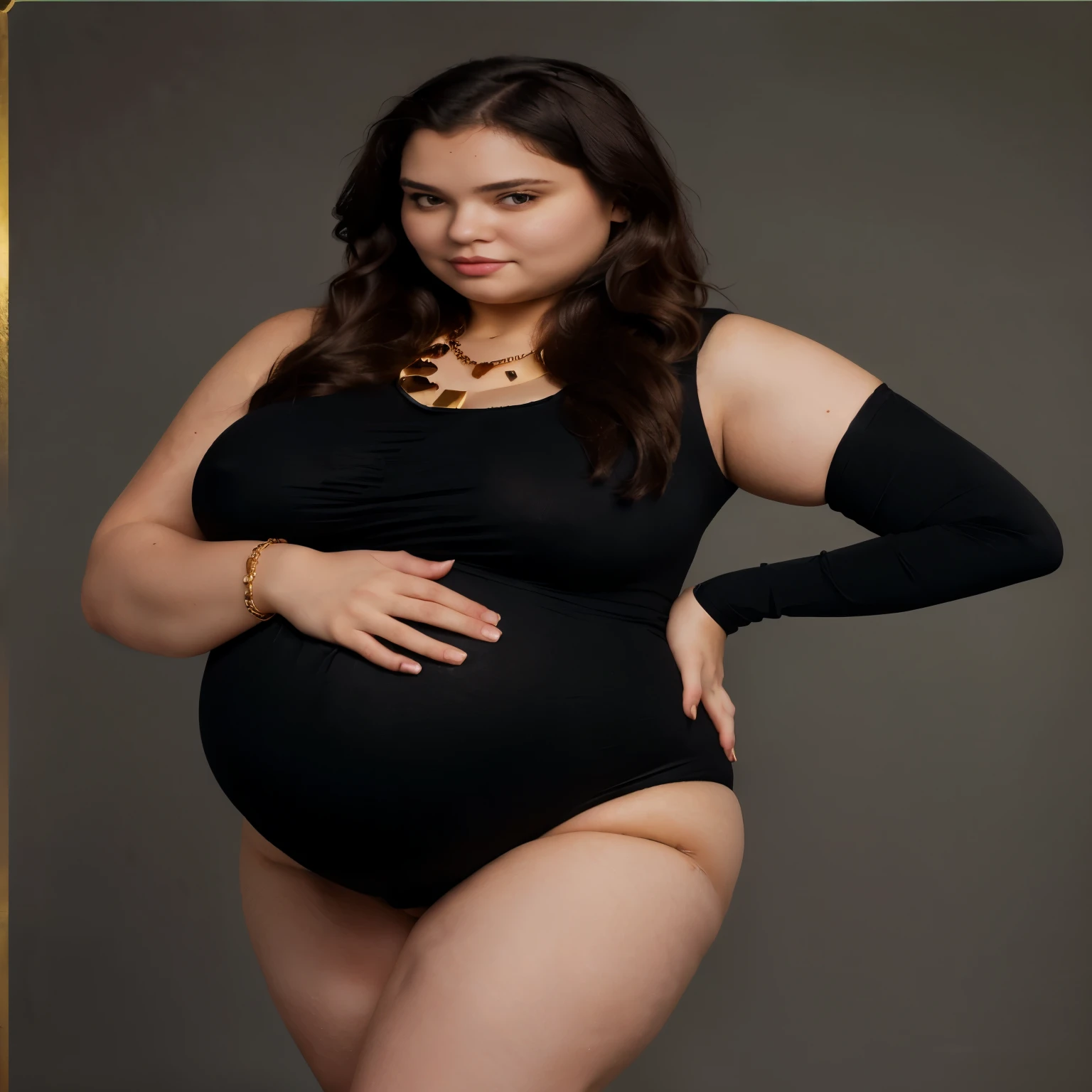 pregnant woman in black bodysuit with gold necklace and long sleeves, Full-face and body portrait, full length portrait, her belly is thick and round, hands behind your back, body pose!, photorealistic full body, mid body portrait, Full portrait, full portrait, half body portrait, upper body portrait, Plus size, middle body shot, full body photography, pregnant belly