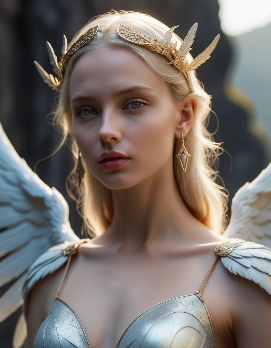 white and gold, cinematic photo a marble statue of angel, d3qck artstyle, In an ethereal realm where medieval darkness meets futuristic technology, stands a mesmerizing angelic figure. Her appearance is a perfect blend of ancient mystique and modern sophistication. With the face and style of a contemporary supermodel, she exudes a cool and detached beauty, reminiscent of porcelain, devoid of warm emotions yet strikingly captivating. Her wings, an intricate weave of feathers and metallic fibers, shimmer with an otherworldly glow, symbolizing a fusion of organic divinity and advanced technology. Her eyes, glowing with an unnatural light, suggest her ability to foresee the future and her formidable combat skills. This angel, while seemingly unapproachable, holds an allure that is both intimidating and fascinating. She stands in a desolate yet awe-inspiring landscape, a testament to her transcendent nature, (perfect anatomy:2),
break
Ethereal realm, medieval darkness, futuristic technology, mesmerizing angelic figure, ancient mystique, modern sophistication, contemporary supermodel face, cool detached beauty, porcelain-like impression, feather-metallic wings, otherworldly glow, organic divinity, advanced technology, unnatural glowing eyes, future foresight, formidable combat skills, unapproachable allure, desolate landscape, transcendent nature, extremely delicate and beautiful, perfect eyes, intricately detailed beautiful Technicolor eyes, intricately detailed skin, (Belt of Venus:1.2), middle earth, Sorcerer casting bolts of lightning from their fingertips, Femme fatale, Average Height, Skinny, Square Face, Fair Skin, Blonde Hair, Hazel Eyes with Green Flecks, Short Nose, Pouty Lips, Receding Chin, Shoulder-Length Hair, Coarse Hair, Low Chignon, augmented breasts, Threader earrings, lavender velvet lipstick, Misty mountains towering over a vast, misty valley, Tolkien,
break
(Sci-fi setting, cybernetic angel, biomedical design, ethereal f